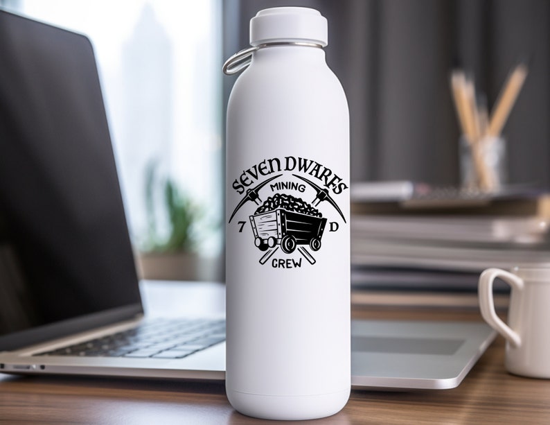 May include: White water bottle featuring a black and white graphic of a mining cart and crossed pickaxes. The graphic reads "Seven Dwarves Mining Crew".