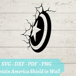 May include: Black and white silhouette of Captain America's shield breaking through a wall. The shield is a classic design with a star in the centre. The wall is made of wood planks.
