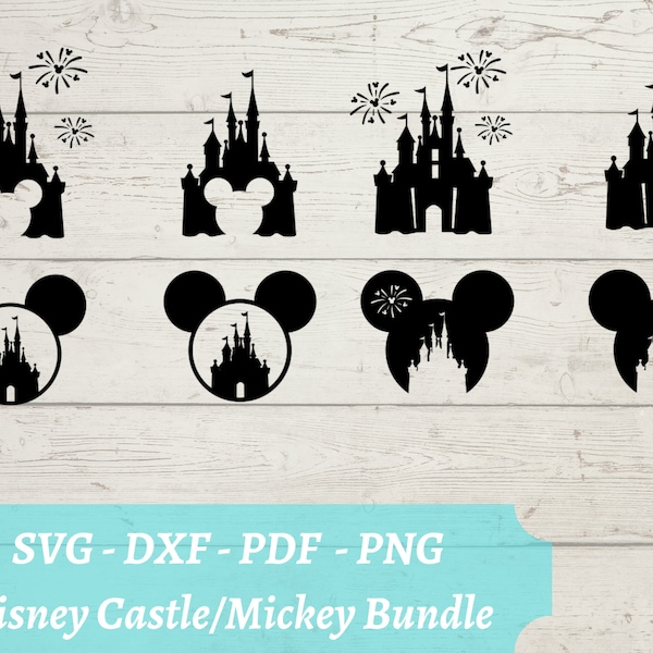 Château SVG Bundle - Mickey Castle Fireworks Télécharger fichier numérique - svg, dxf, pdf et png - Disneyland - Mickey Silhouette