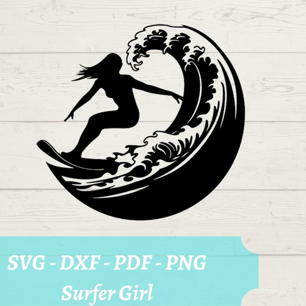 Surfer Girl SVG-bestand, surfen Wave Download digitaal bestand - dxf, pdf, png - Cricut - Surfer Glowforge Laser Cut-bestand