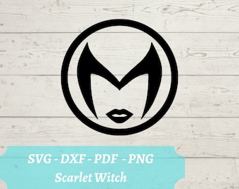 May include: Black and white silhouette of a woman's face with a pointed crown and lips, inside a circle. The text "SVG - DXF - PDF - PNG Scarlet Witch" is below the image.