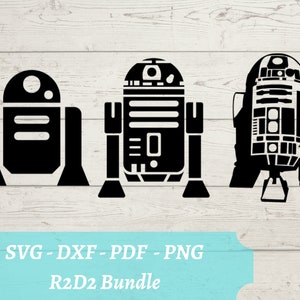 Könnte beinhalten: Drei schwarze und weiße Silhouettenbilder von R2-D2, einem beliebten Robotercharakter aus dem Star Wars-Franchise. Der Text "SVG - DXF - PDF - PNG R2D2 Bundle" befindet sich unter den Bildern.