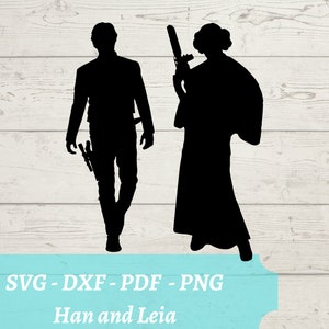 May include: Silhouette of two figures, a man and a woman, standing side-by-side against a white woodgrain background. The man is on the left, holding a blaster in his right hand. The woman is on the right, holding a blaster in her left hand. The text "Han and Leia" is below the figures.