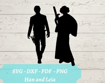 Archivo SVG de Han Solo y la Princesa Leia, silueta de Star Wars Descargar archivo digital - dxf, pdf, png - Cricut - Archivo de corte láser Glowforge