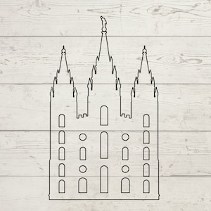 May include: Black line art illustration of a temple with multiple spires and arched windows. The building is centered on a light wood grain background. The temple's design includes a central tower topped with a statue.