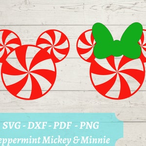 Peppermint Mickey and Minnie Mouse SVG Laser Cut File, Download Digital File - svg, dxf, pdf, and png - Christmas Candy Cane Head Silhouette