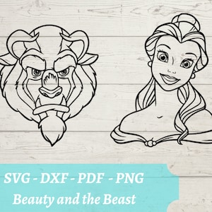 May include: Black and white line art illustration of Belle and the Beast from the Disney movie Beauty and the Beast. Belle is wearing a dress with a low neckline and has her hair pulled back in a bun. The Beast is shown from the chest up with a grumpy expression.