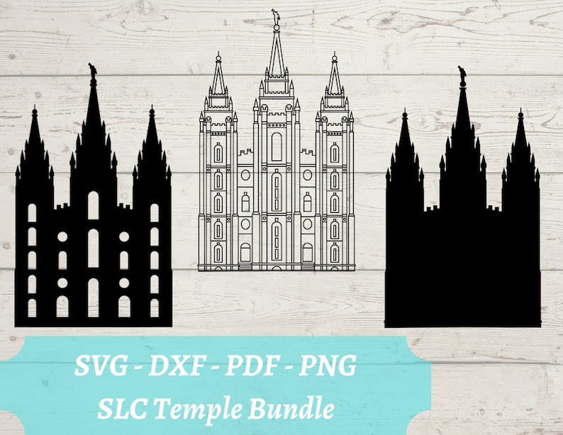 May include: A digital graphic bundle featuring three stylized depictions of a temple. Two are solid black silhouettes, and one is a detailed outline. The text "SVG - DXF - PDF - PNG" and "SLC Temple Bundle" are included.