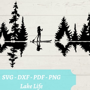 May include: Black silhouette of a person paddleboarding with trees reflected in the water. The text "Lake Life" is below the image.
