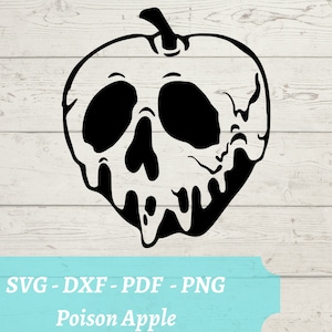 May include: Black and white silhouette of a poison apple with a skull face and dripping liquid. The apple is on a white wood background.