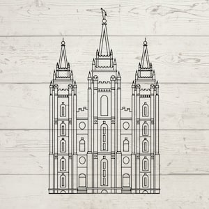 May include: A black and white line drawing of a temple with three spires. The building has many windows and architectural details. The background is a light wood grain pattern.