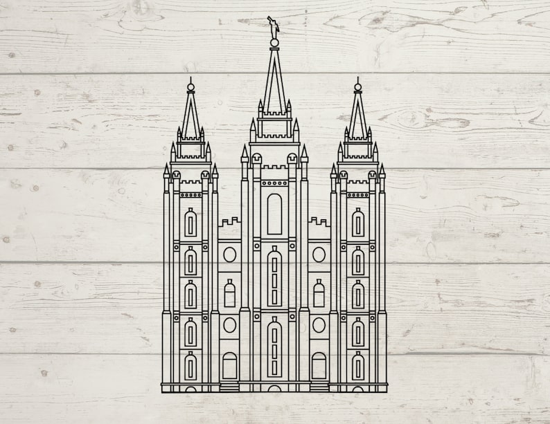 May include: A black and white line drawing of a temple with three spires. The building has many windows and architectural details. The background is a light wood grain pattern.