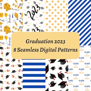 Abschluss 2023 Nahtloses Muster, Graduierung Mütze, Kleid, Diplom Nahtloses Wiederholungsmuster, Hintergründe, druckbares digitales Papier