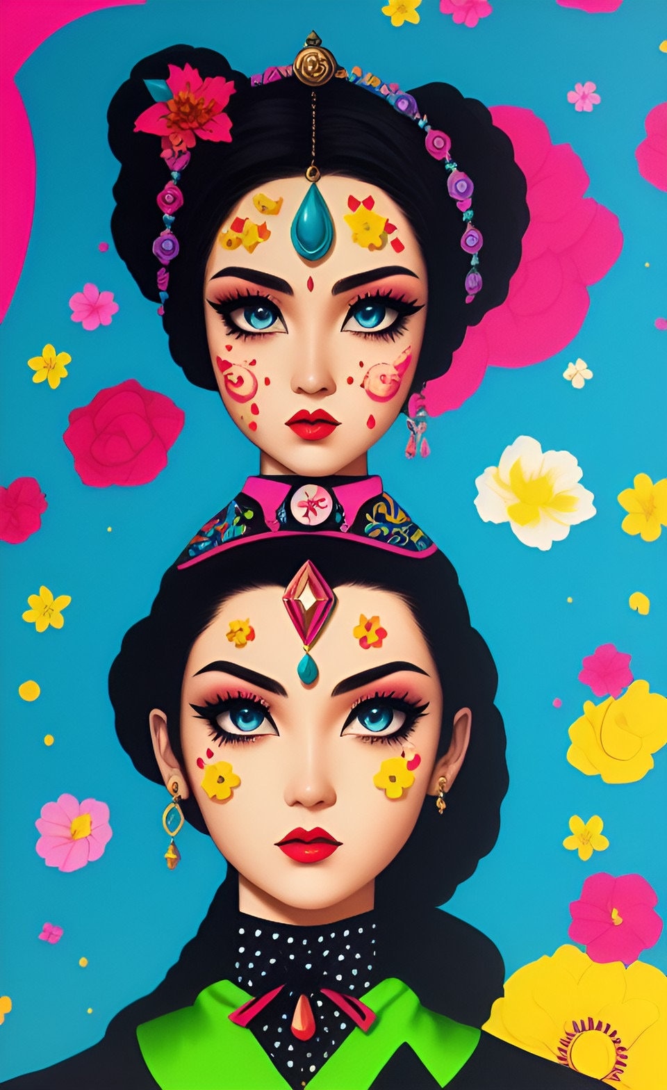 Bright Colorful Abstract Art Woman With Flowers Etsy