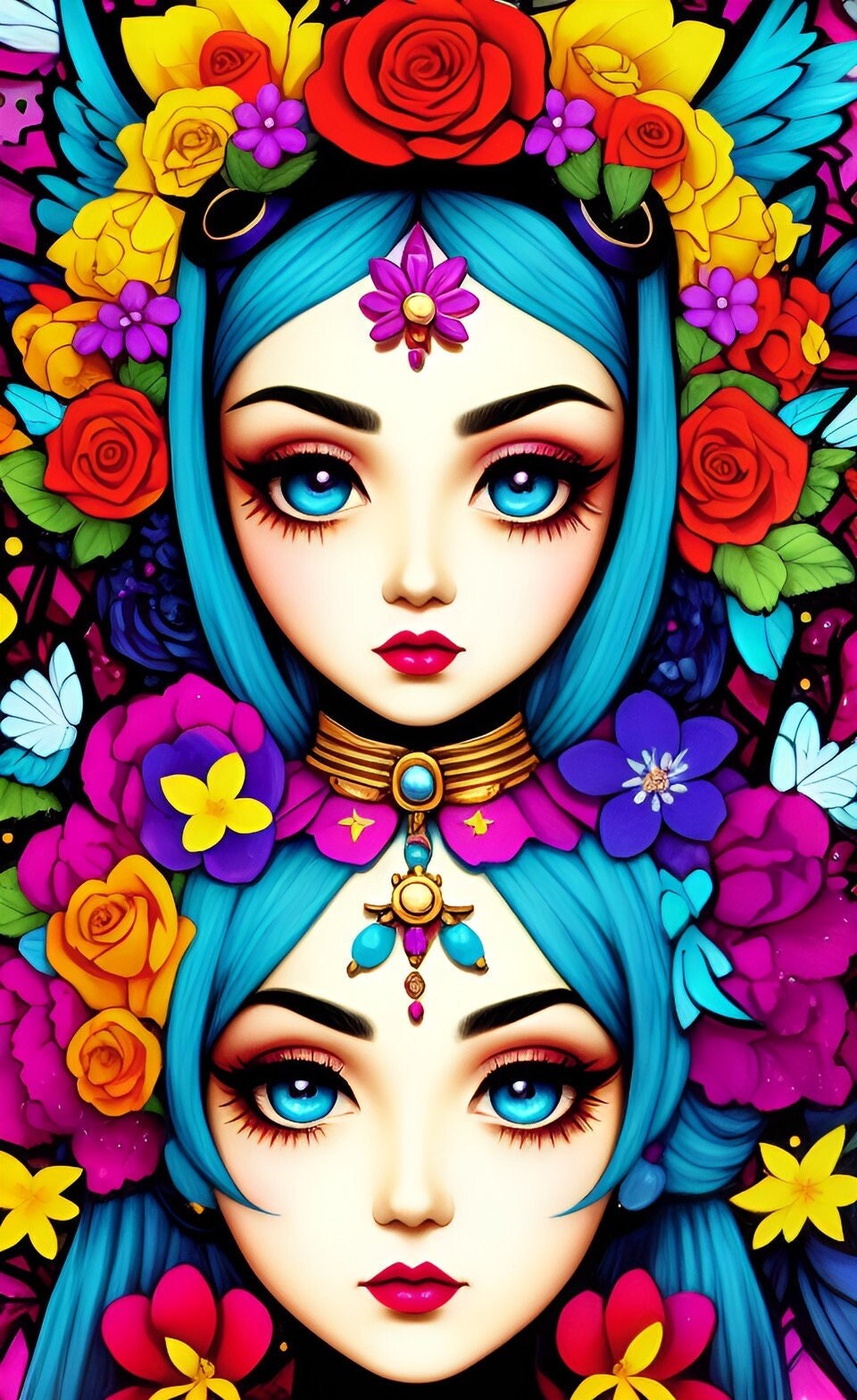 Bright Colorful Abstract Art Woman With Flowers Etsy