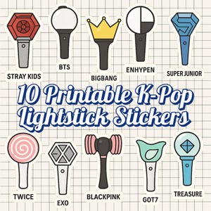 May include: Ten printable K-Pop lightstick stickers featuring various designs, including a red and black star, a white and black circle, a yellow crown, a blue and white star, a pink lollipop, a black and white X, a pink and black hammer, a green leaf, and a blue and white diamond.