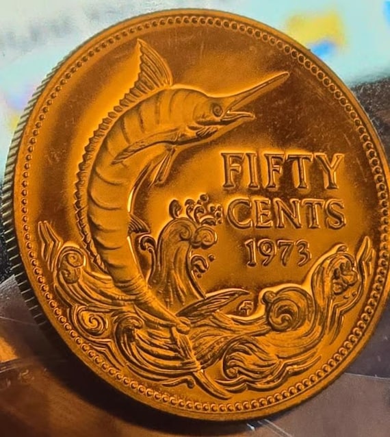 1973年 バハマ 英国 エリザベス2世 マーリン プルーフ銀貨 50セント 