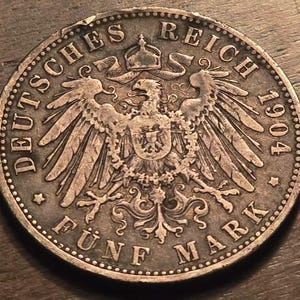 1904G German 5 Mark BADEN State FRIEDRICH Duke SILVER Coin Empire WW1 + Rare!