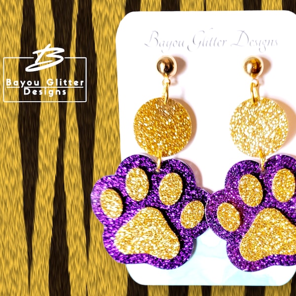 Great Tiger Paws Earrings in Purple and Gold Colors