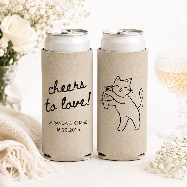 Personalized Cat Wedding Can Cooler | Custom Wedding Koozie | Cat Lover Wedding Favor | Funny Cat Beer Sleeve | Cheers to Love