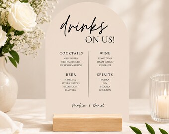 Custom Arched Acrylic Bar Menu Sign, Personalized Wedding Drinks Sign