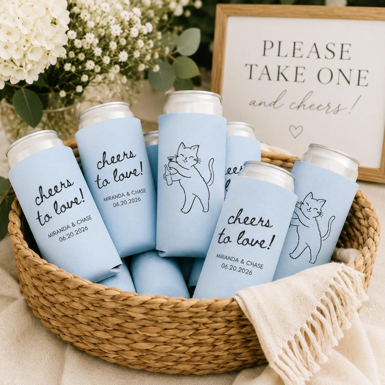 K&ouml;nnte beinhalten: Eine Sammlung hellblauer Dosenk&uuml;hler aus Schaumstoff in einem geflochtenen Korb. Einige K&uuml;hler tragen den schwarzen Text "cheers to love!" mit "MIRANDA & CHASE 06.20.2026" darunter, andere zeigen eine schwarze Strichzeichnung einer Katze mit Flasche.