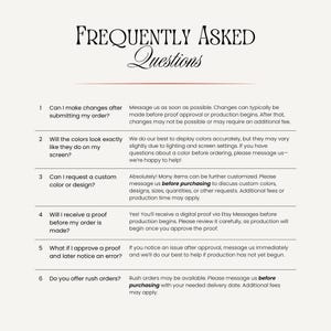 K&ouml;nnte beinhalten: Eine wei&szlig;e Informationsgrafik mit der &Uuml;berschrift Frequently Asked Questions in schwarzem Text. Sie listet sechs nummerierte Punkte zu Bestell&auml;nderungen, Farbgenauigkeit, individuellen Anfragen, digitalen Korrekturabz&uuml;gen und Eilauftr&auml;gen auf.