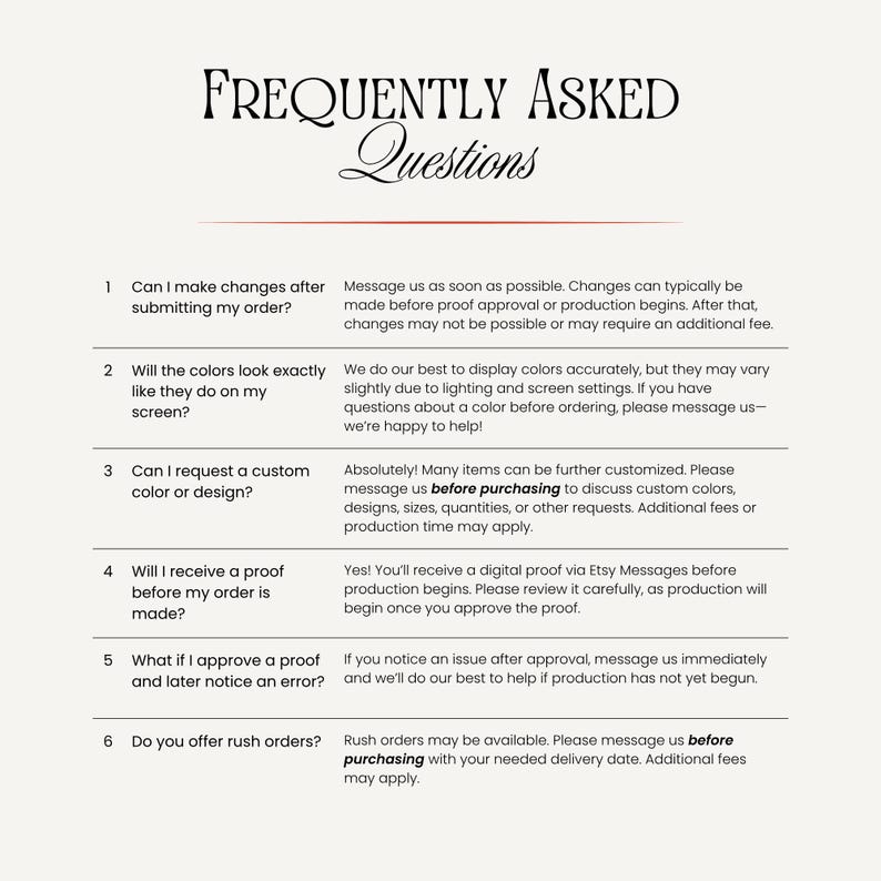 K&ouml;nnte beinhalten: Eine wei&szlig;e Informationsgrafik mit der &Uuml;berschrift Frequently Asked Questions in schwarzem Text. Sie listet sechs nummerierte Punkte zu Bestell&auml;nderungen, Farbgenauigkeit, individuellen Anfragen, digitalen Korrekturabz&uuml;gen und Eilauftr&auml;gen auf.