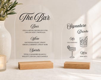 Custom Acrylic Wedding Bar Sign | Personalized Menu & Signature Drinks Display