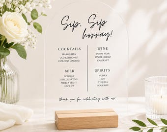 Custom Arched Acrylic Bar Menu Sign, Sip Sip Hooray Wedding Decor