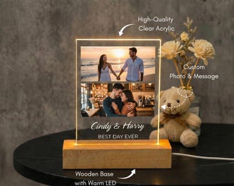 Personalized Photo Collage Lamp, Custom Acrylic Plaque, Wood Base LED Night Light