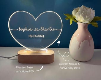Custom Name Heart Night Light, Personalized Anniversary Couples Lamp, Romantic Engagement Keepsake, Aesthetic Wedding Gift, Gift for Her