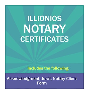 Op de afbeelding: Een tealblauwe en witte afbeelding met de tekst "ILLIONIOS NOTARY CERTIFICATES" en "Includes the following: Acknowledgment, Jurat, Notary Client Form". De afbeelding heeft een zonnestralenontwerp. De tekst "Thank you for your purchase. Good luck on your journey of being a successful Notary Public. Feel free to contact us. www.Simplified4you.com" staat onderaan de afbeelding.