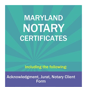 May include: A teal green background with a sunburst pattern. The text "MARYLAND NOTARY CERTIFICATES" is in white text. The text "Including the following: Acknowledgment, Jurat, Notary Client Form" is in white text. The text "Thank you for your purchase. Good luck on your journey of being a successful Notary Public. Feel free to contact us. www.Simplified4you.com" is in white text.