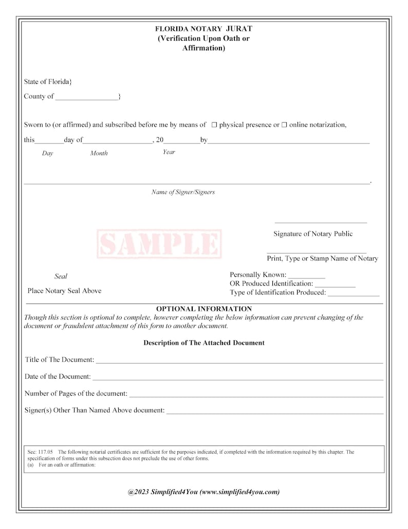 State of Florida-Three Notary Certificates: Acknowledgment, Jurat, Notary Client Form image 4