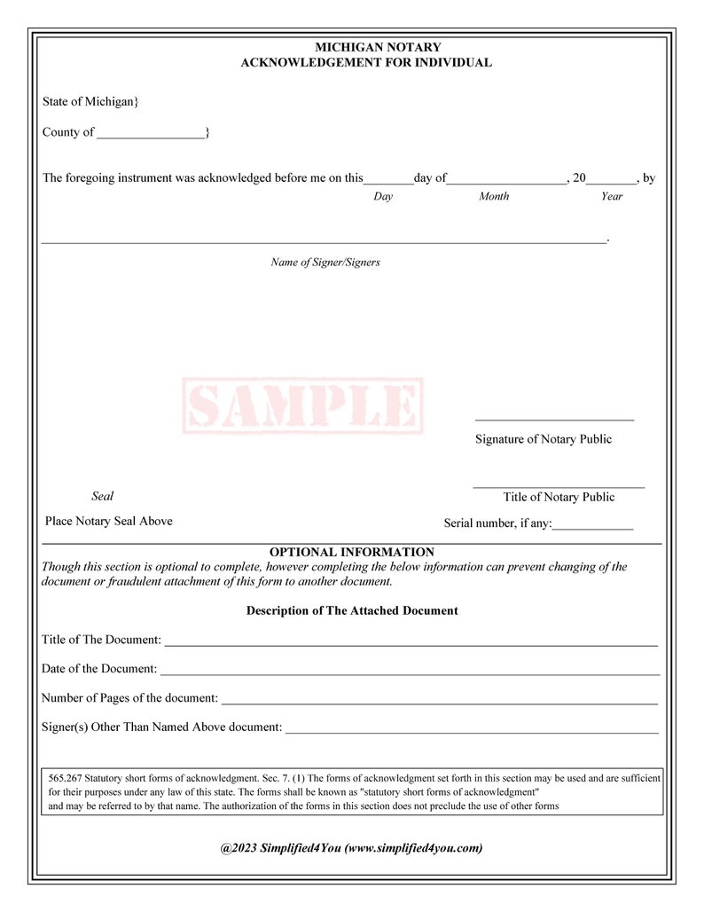 State of Michigan-Three Notary Certificates: Acknowledgment, Jurat, Notary Client Form image 3