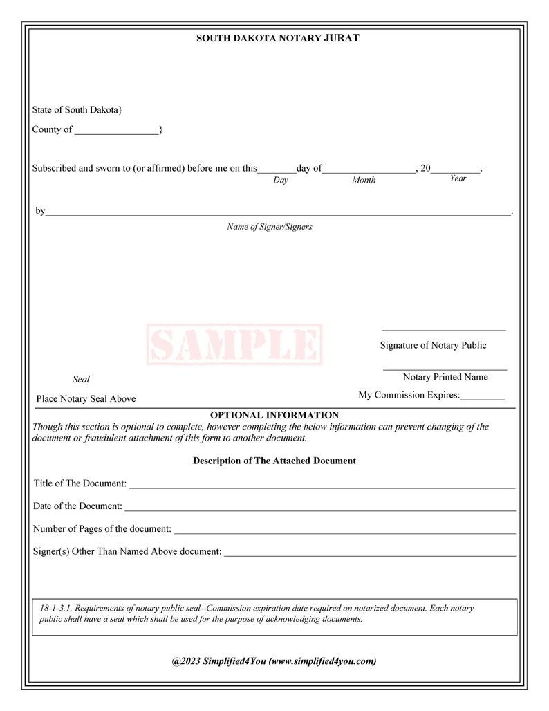 State of South Dakota-Three Notary Certificates: Acknowledgment, Jurat, Notary Client Form image 4