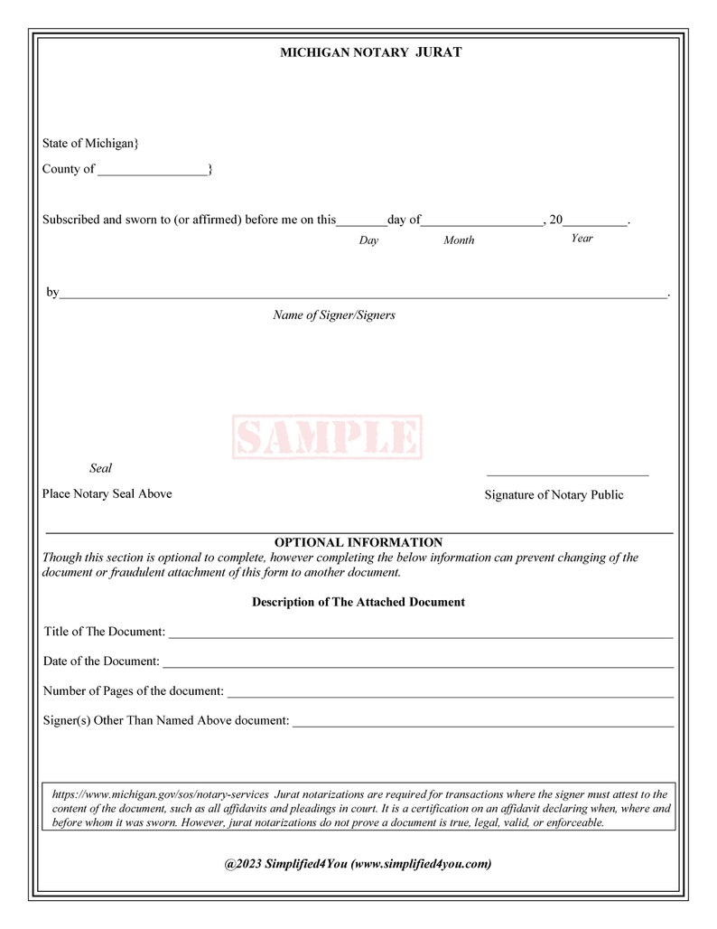 State of Michigan-Three Notary Certificates: Acknowledgment, Jurat, Notary Client Form image 4