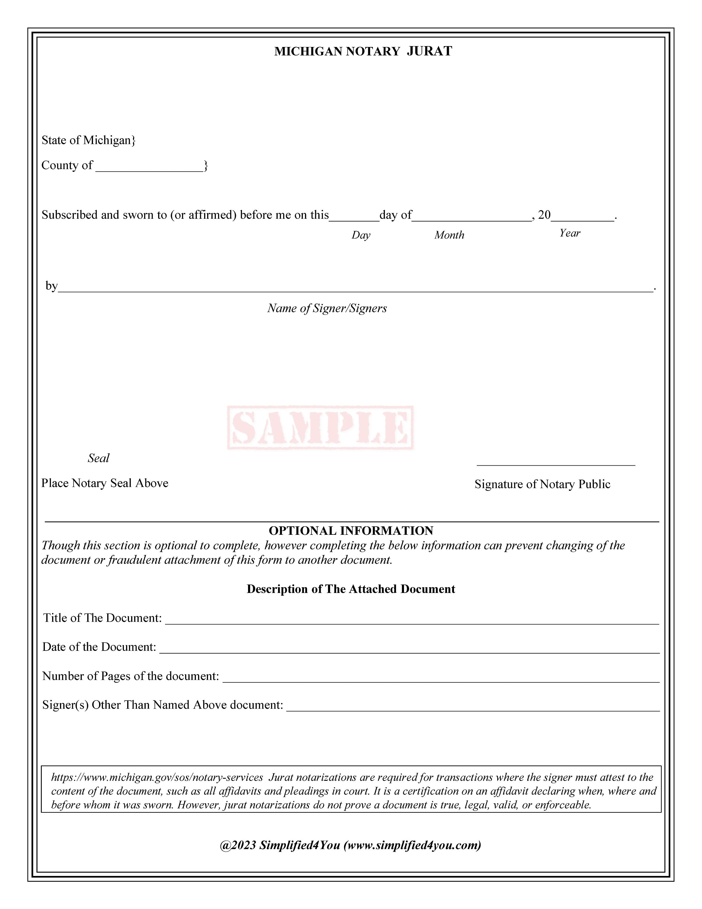 state of michigan-three notary certificates: acknowledgment, jurat