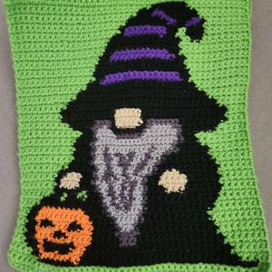 Könnte beinhalten: Gehäkeltes Halloween-Gnom-Design auf grünem Hintergrund. Der Gnom trägt einen schwarzen Hut mit lila Streifen und hält einen orangefarbenen Kürbis. Der Gnom hat einen grauen Bart und ein beiges Gesicht. Das gesamte Stück ist gehäkelt.