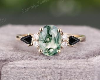 Moss Agate engagement ring Oval art deco solid gold Ring unique Cluster kite cut black onyx moissanite wedding ring bridal ring Anniversary