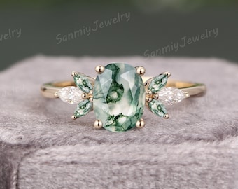 Moss Agate engagement ring Oval cut Art deco solid gold Ring unique Cluster Marquise moissanite wedding ring bridal Promise ring Anniversary