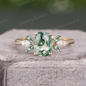 Moss Agate engagement ring Oval cut Art deco solid gold Ring unique Cluster Marquise moissanite wedding ring bridal Promise ring Anniversary