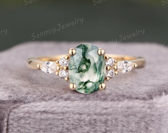 Oval Cut Moss Agate verlovingsring Art deco gele gouden Ring unieke Cluster Marquise moissanite trouwring bruids Promise ring Verjaardag