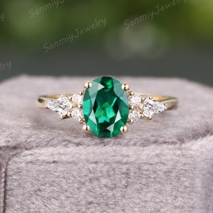 Emerald engagement ring Oval cut Art deco solid gold Ring unique Cluster kite diamond moissanite wedding ring bridal Promise ring for women