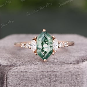 Natural Moss Agate engagement ring Hexagon cut art deco solid gold Ring unique Cluster Marquise moissanite wedding ring bridal Promise ring