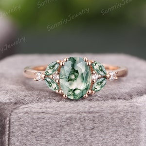 Moss Agate engagement ring Oval cut Art deco solid gold Ring unique Cluster Marquise moissanite wedding ring bridal Promise ring Anniversary