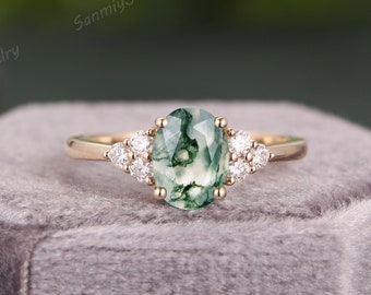 Moss Agate engagement ring oval cut 14k gold unique engagement ring vintage Cluster Moissanite wedding Ring Anniversary promise ring for her