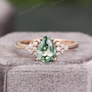 Moss Agate Engagement Ring Pear Vintage 14k Rose Gold Unique Cluster Ring Diamond / Moissanite Wedding Bridal Ring Promise Anniversary Ring