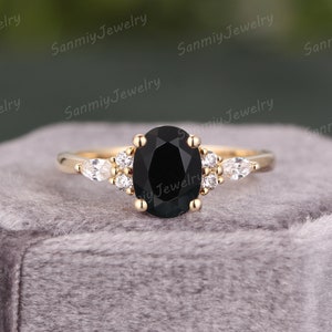 Black Onyx engagement ring Oval Cut Vintage solid gold Ring unique Cluster Marquise moissanite wedding ring bridal Promise ring Anniversary